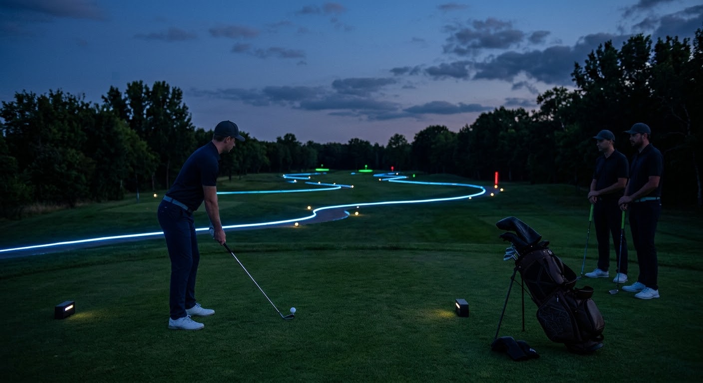 Golfista preparando su tiro en un campo iluminado durante la noche